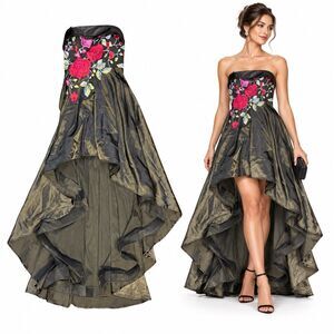 Social Code Dress Womens 1 Black Floral Embroidered Hi Low Lace Up Strapless NWT